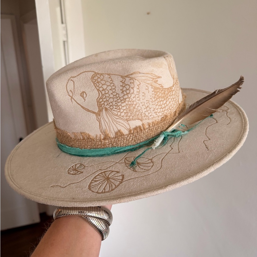 Custom Wide-Brim Fedora with Koi Fish & Teal Band by Gigi Moll